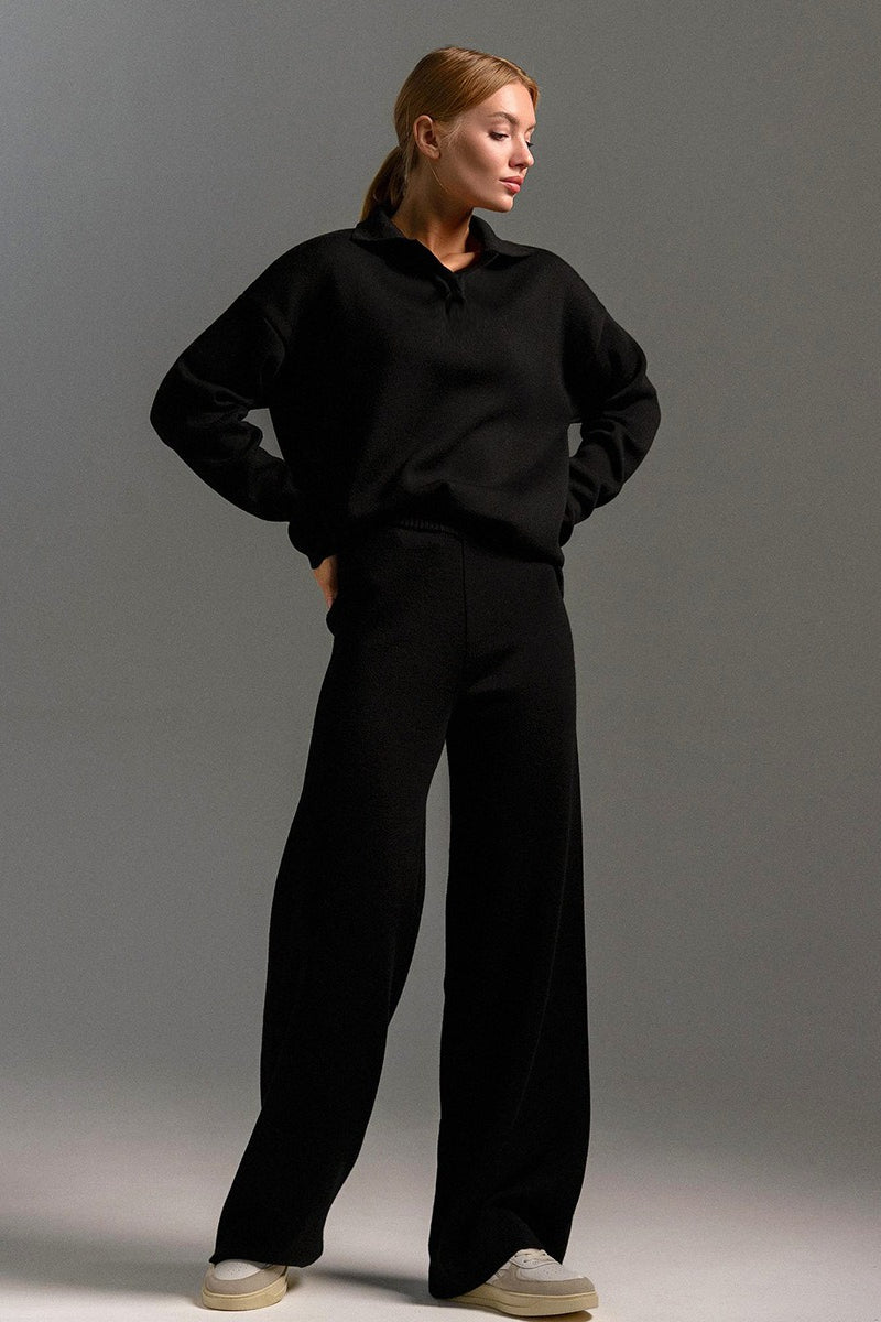Polo Collar Knit Pullover Wide-Leg Pants Two Piece Set image 9
