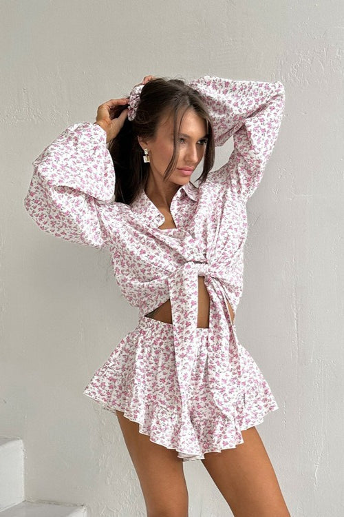 Floral Long Sleeve Lapel Ruffle Shorts Two Piece Set image 6