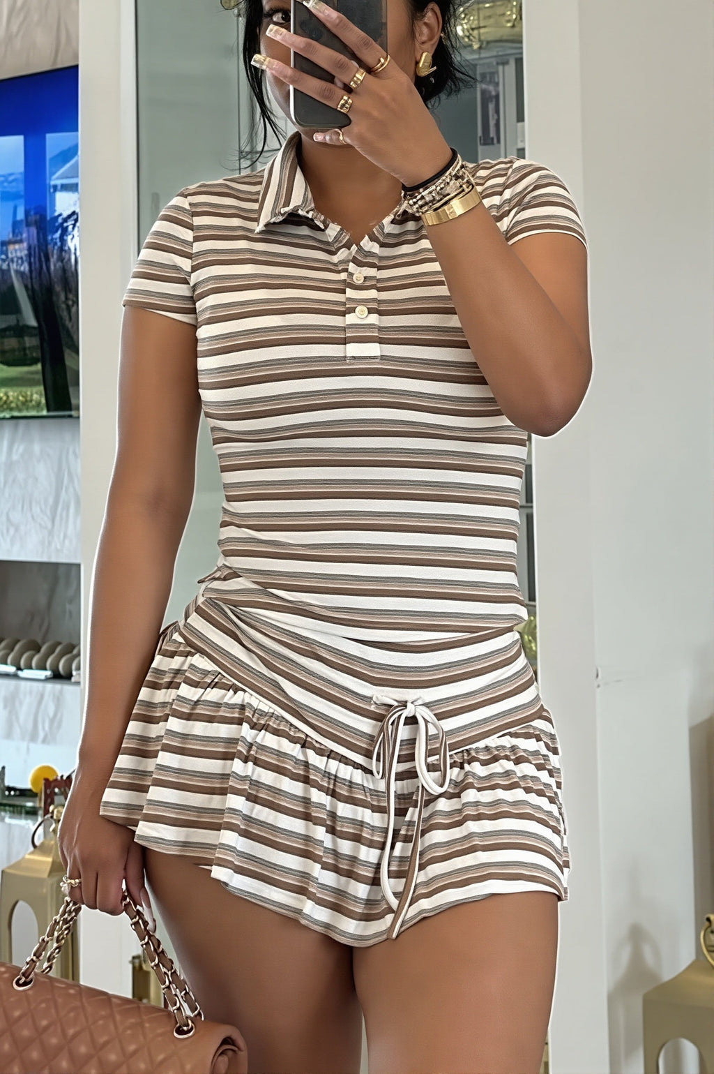 Stripe Polo Tie Waist Skirt Set image 4