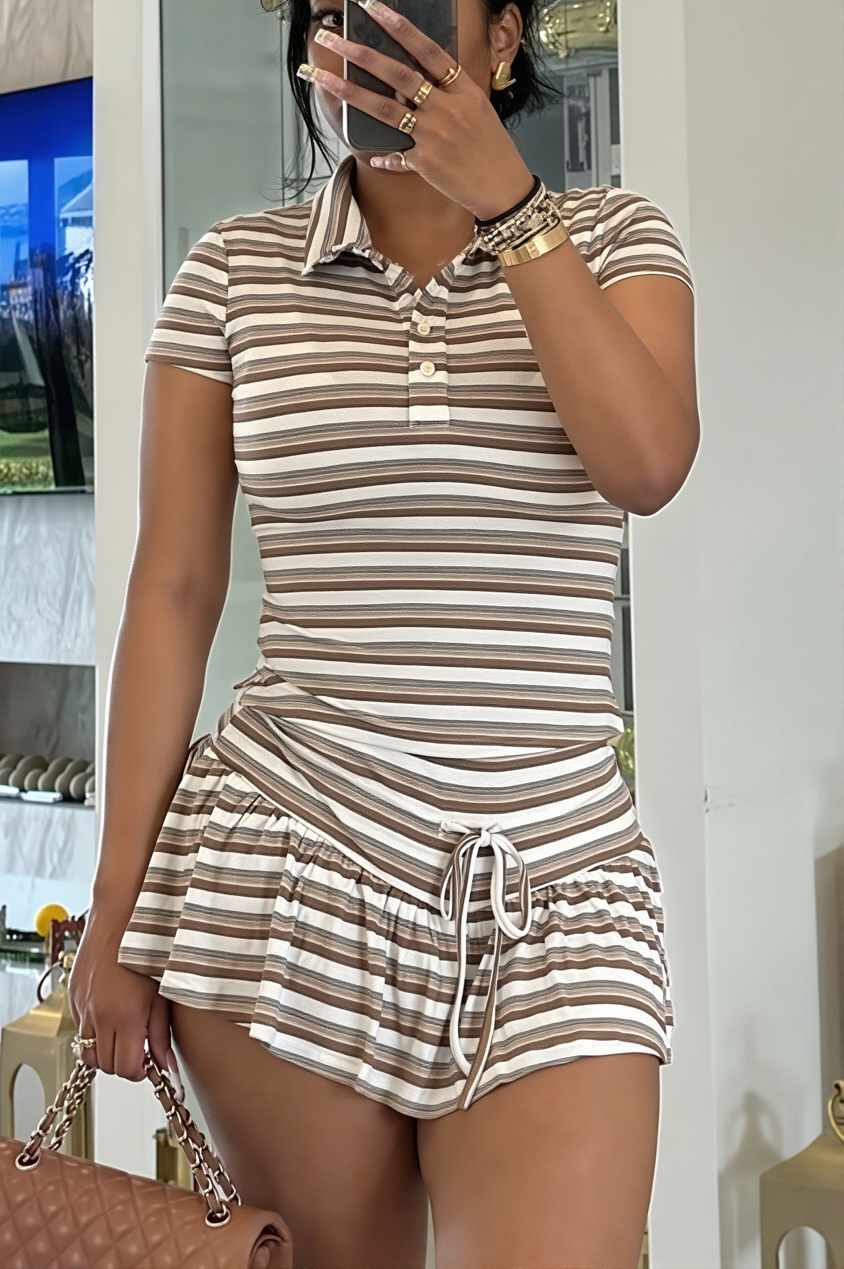 Stripe Polo Tie Waist Skirt Set image 4