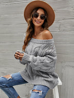 Sabine Off-Shoulder Sweater detail view styled for Avrienne