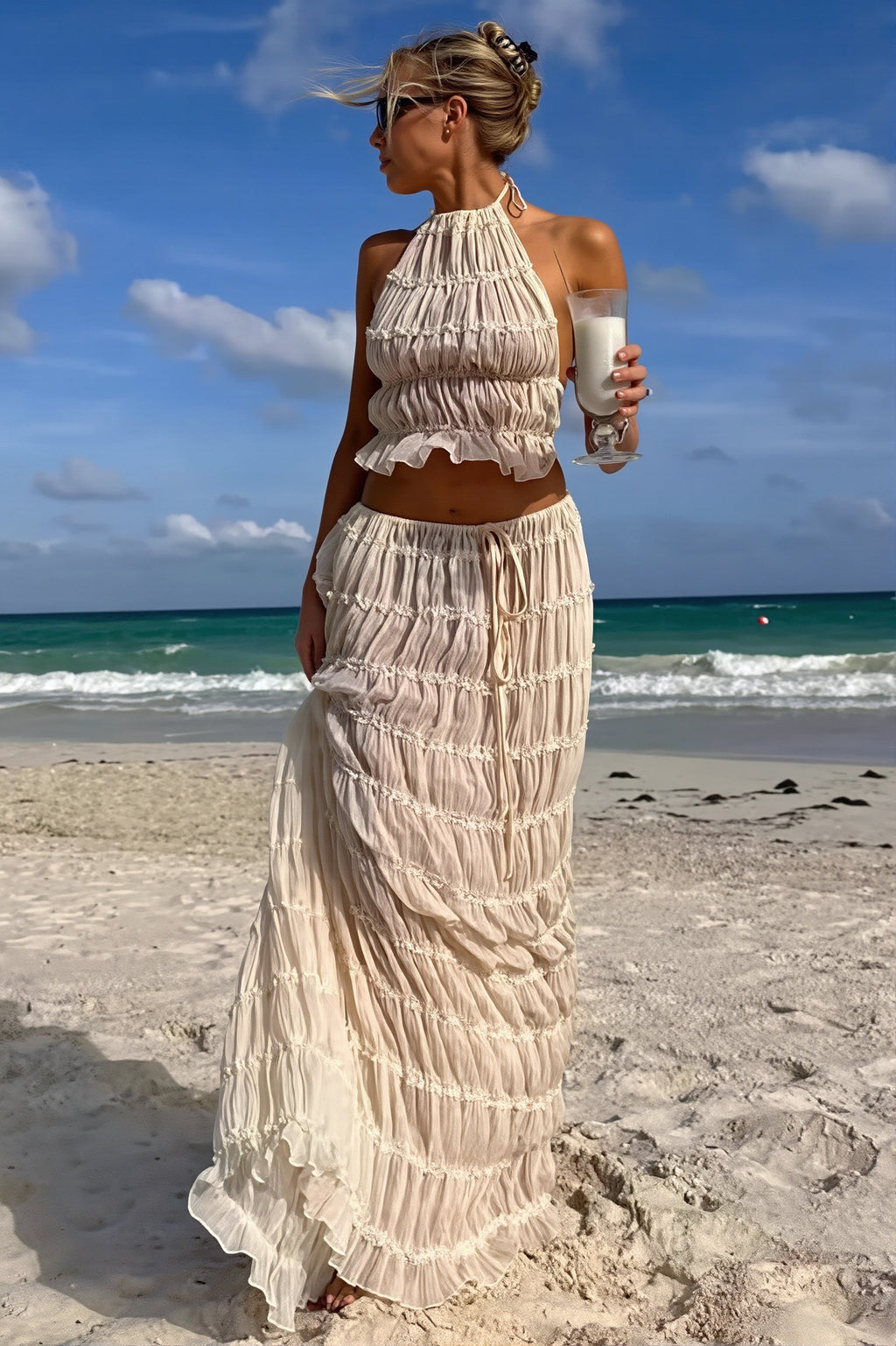 Sexy Lace Trim Halter Open Back Ruched Skirt Sets image 1