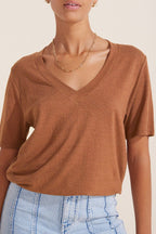 Minimalist Solid Deep V Neck Slub Cotton Loose T-shirt image 4