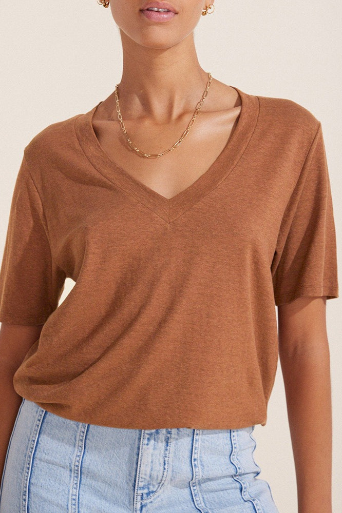 Minimalist Solid Deep V Neck Slub Cotton Loose T-shirt image 4