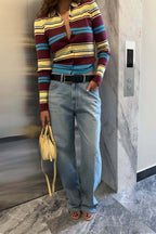 Button Front Stripe Retro Collar Slim Long Sleeve Knit Cardigan image 2