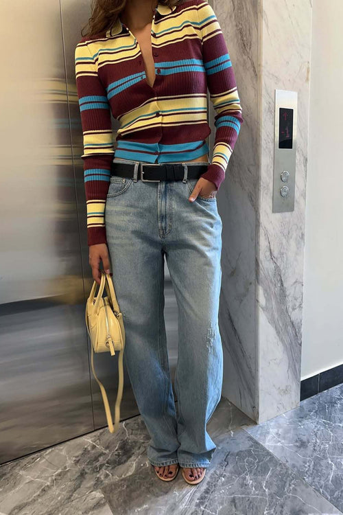 Button Front Stripe Retro Collar Slim Long Sleeve Knit Cardigan image 2