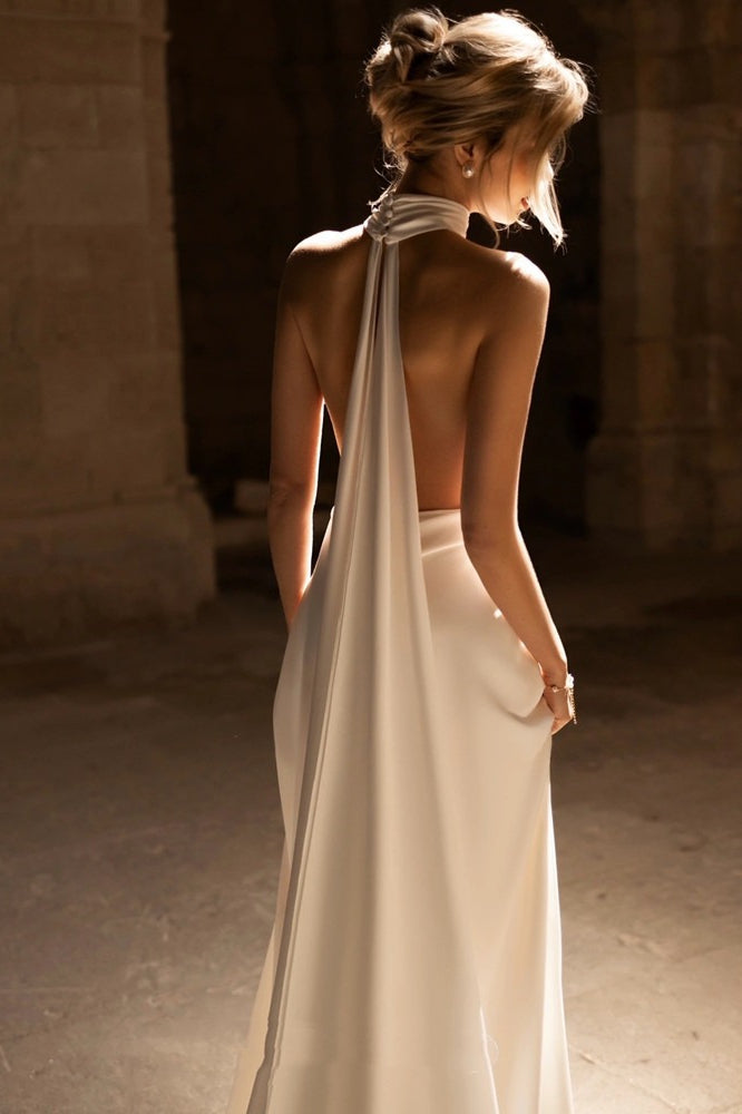 Deep V Halter Minimalist Train Reception Dress image 2
