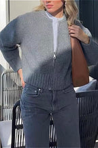 Crew-Neck Long-Sleeve Zip Solid Knit Cardigan image 4