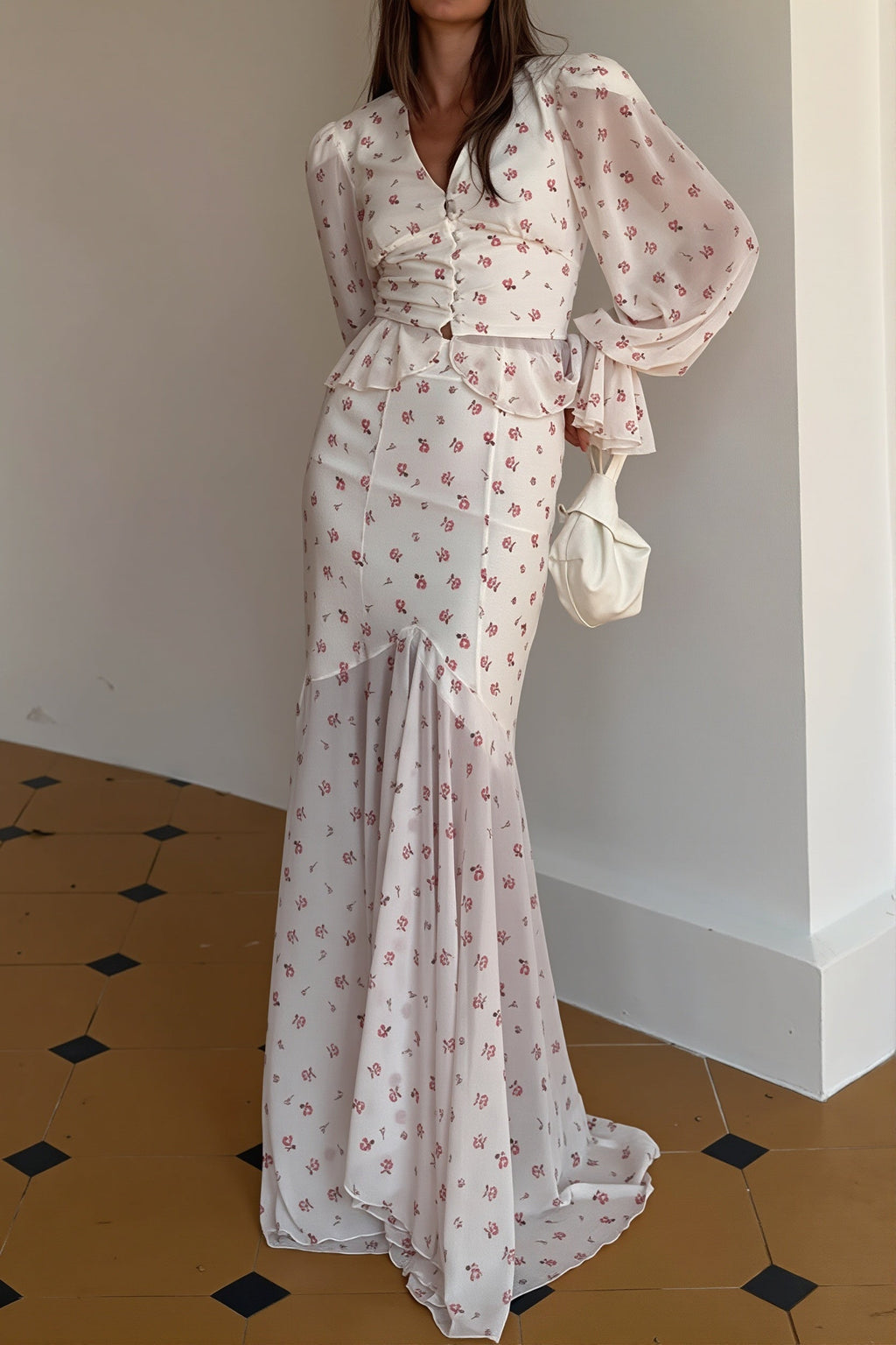 Sexy Chiffon V Neck Ruffle Sleeve Bodycon Skirt Sets image 2