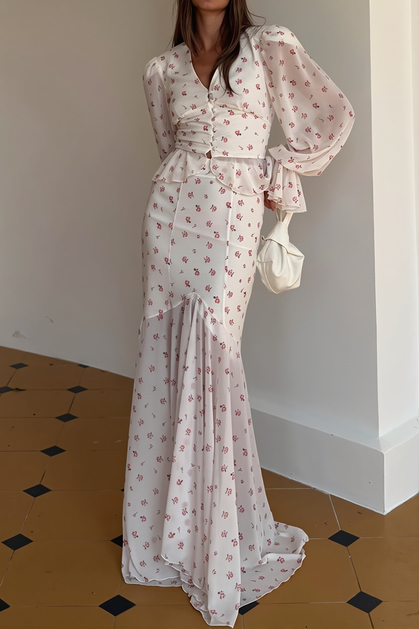 Sexy Chiffon V Neck Ruffle Sleeve Bodycon Skirt Sets image 2