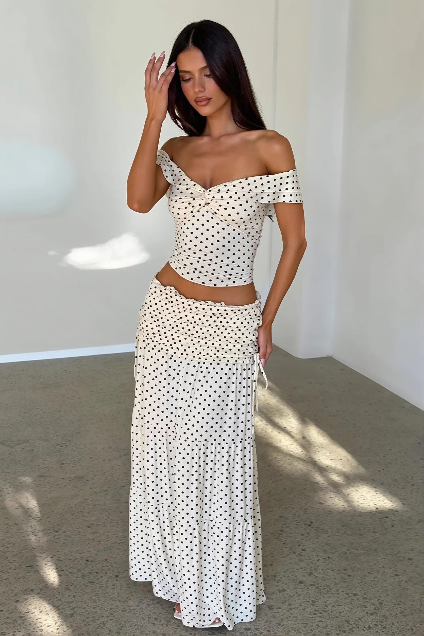 Sexy Off Shoulder Crop Top Polka Dot Fish Tail High Rise Skirt Sets image 1
