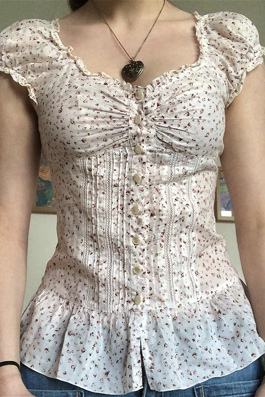 Vintage Floral Tie Buttoned Puff Sleeve Blouse image 1