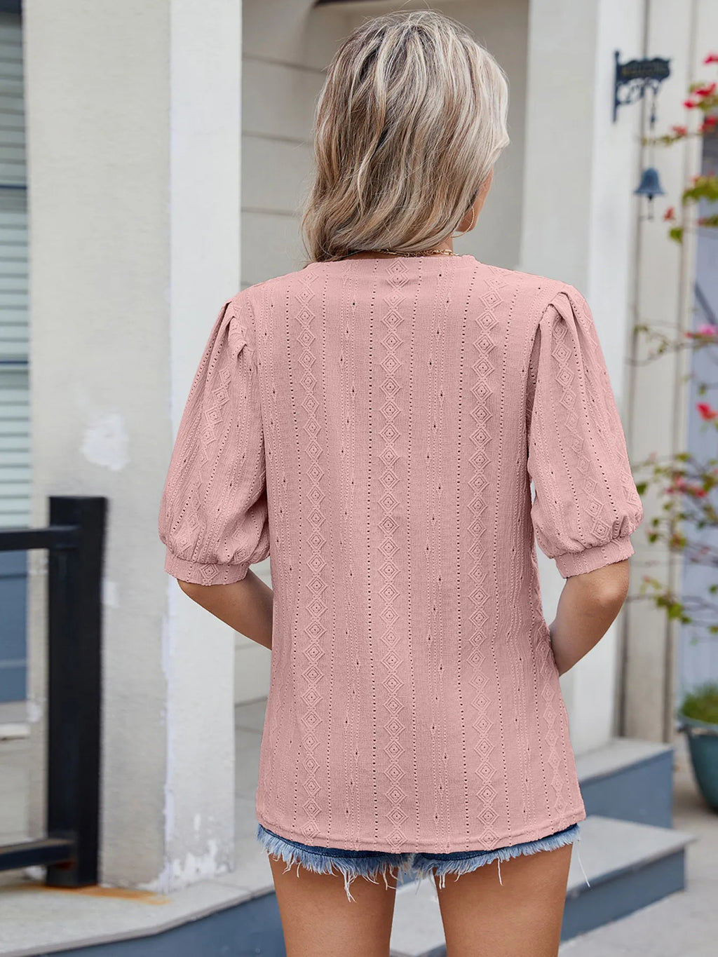 Mireille Eyelet Top detail view styled for Avrienne