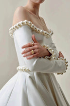 Vintage Satin Pearl Long Sleeve Off Shoulder Wedding Dress image 2