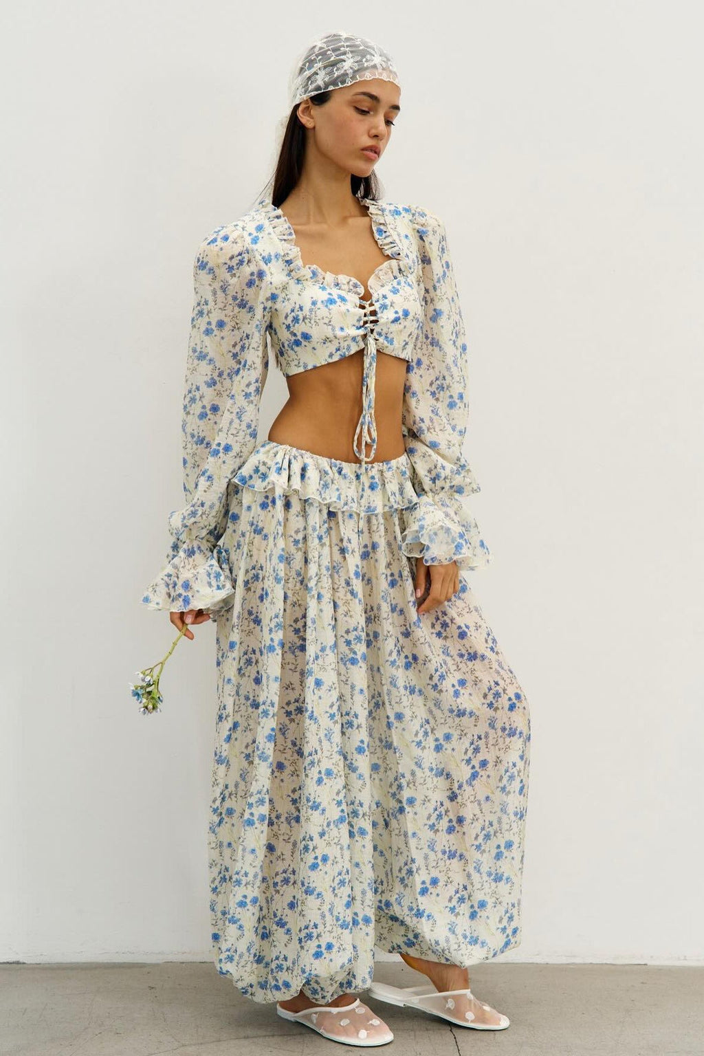Floral Tie Front Square Neck Ruffled Cropped Top Low Waist Jogger Pants Two Piece Set image 1