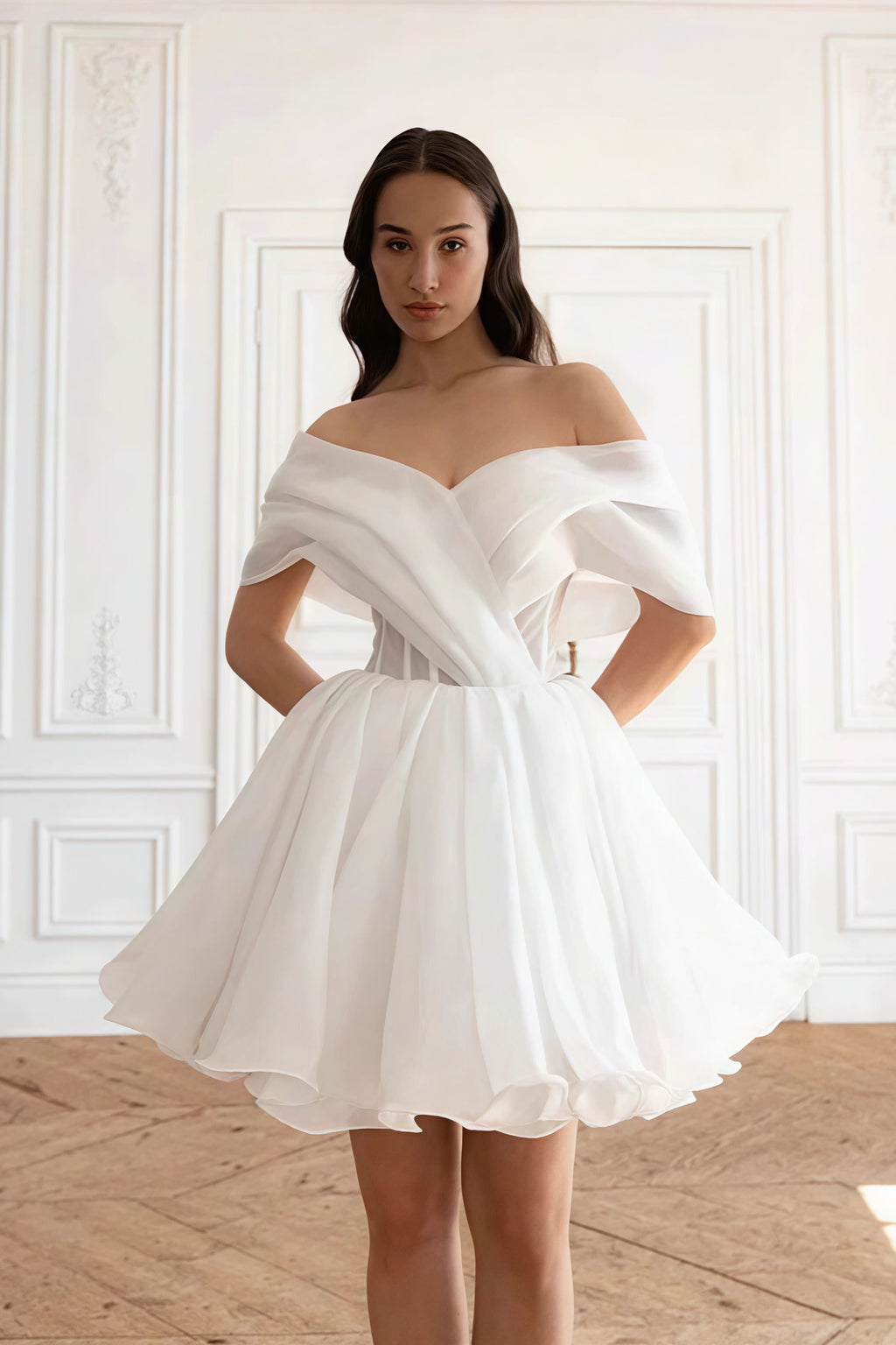 Elegant Cross Ruched Off Shoulder Short Reception Dress image 1