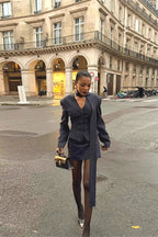 V Neck Striped Fitted Blazer Skirt Two Piece Set image 4