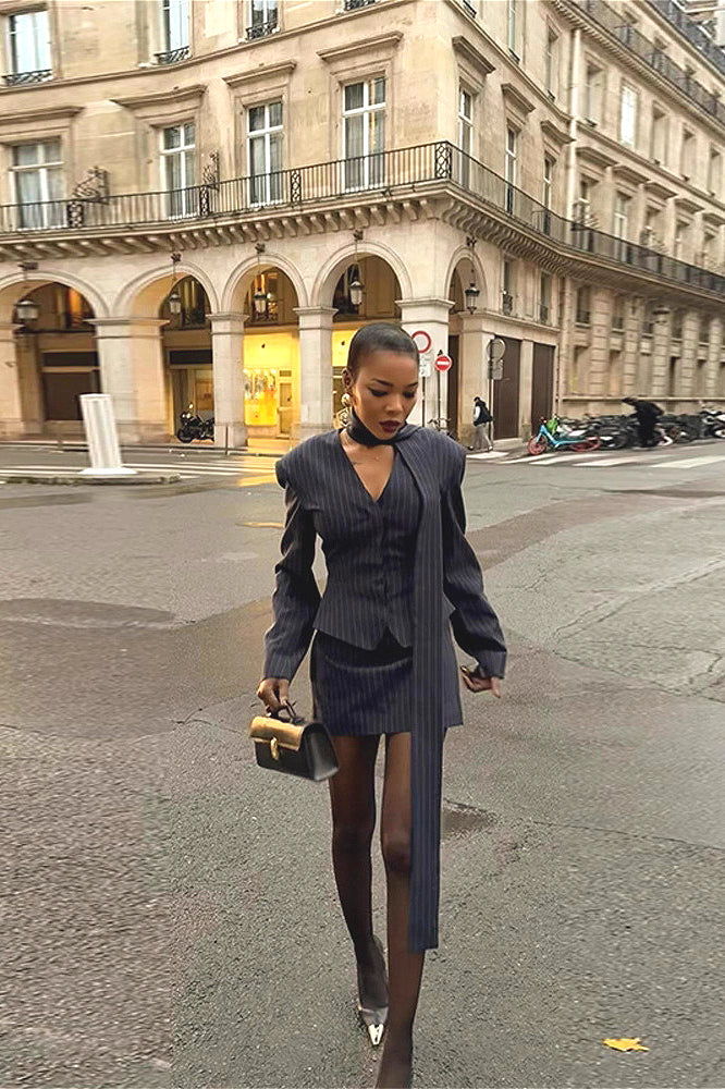 V Neck Striped Fitted Blazer Skirt Two Piece Set image 4