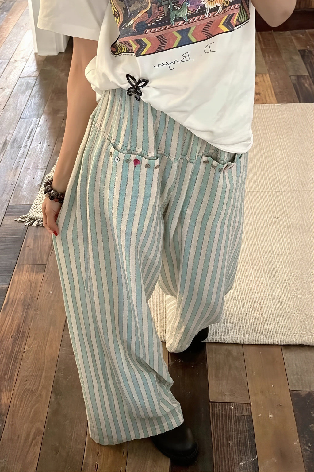 Mint Striped Linen Cotton Casual Pants image 2