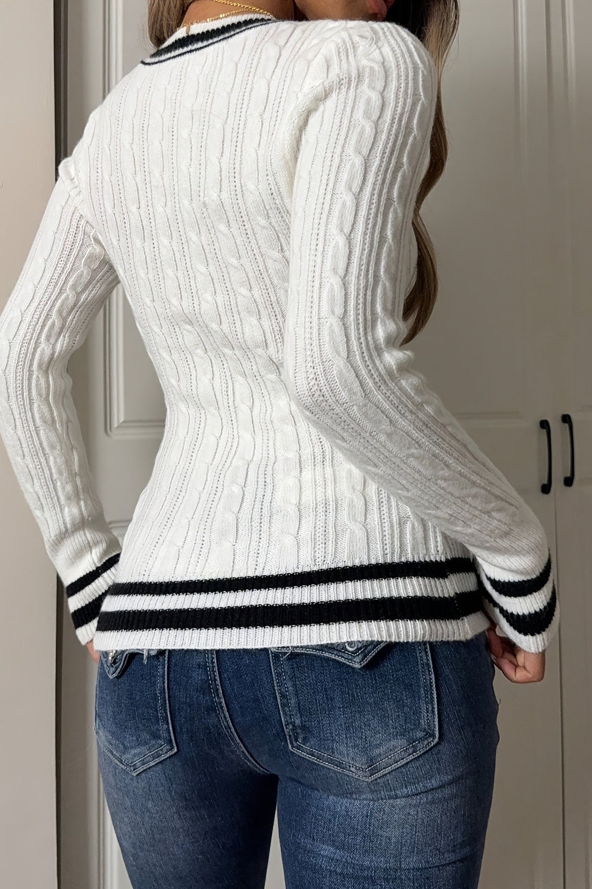 V Neck Striped Long Sleeve Slim Fit Knit Pullover Sweater image 4