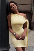 Elegant Tie Strap Asymmetric Neck Ruched Bodycon Mini Dress image 2