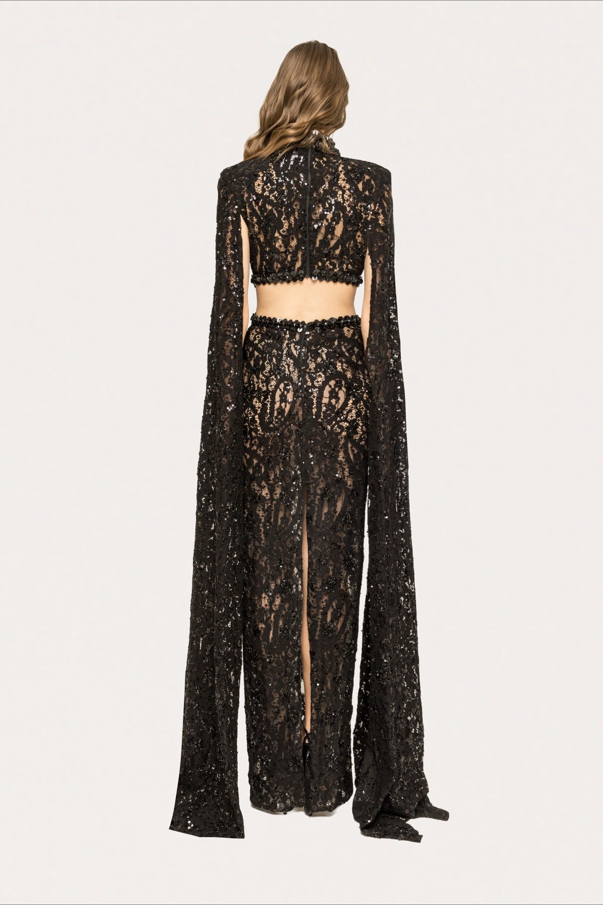 Lace Beaded Sequin Slim Cape Reception Dress image 10