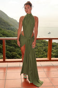 Halter Tie Cutout Back Solid Bodycon Maxi Dress image 1