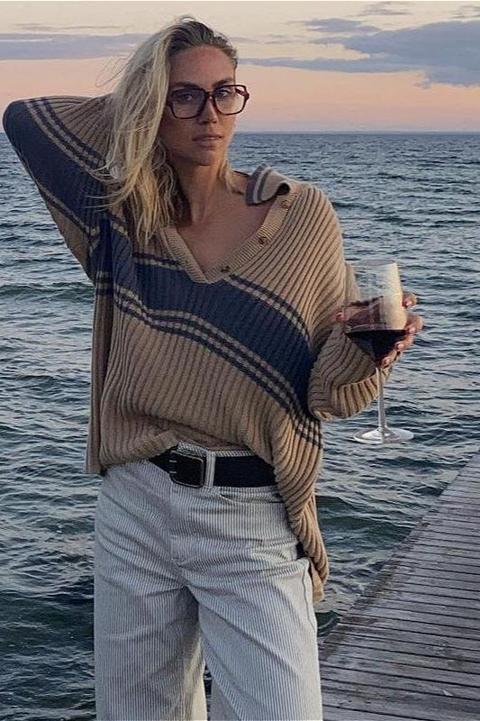 Striped Color Block Long Sleeve Knit Sweater image 2
