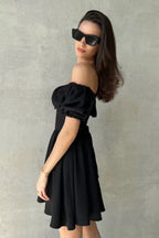 Off Shoulder Puff Sleeve Tie Mini Dress image 11