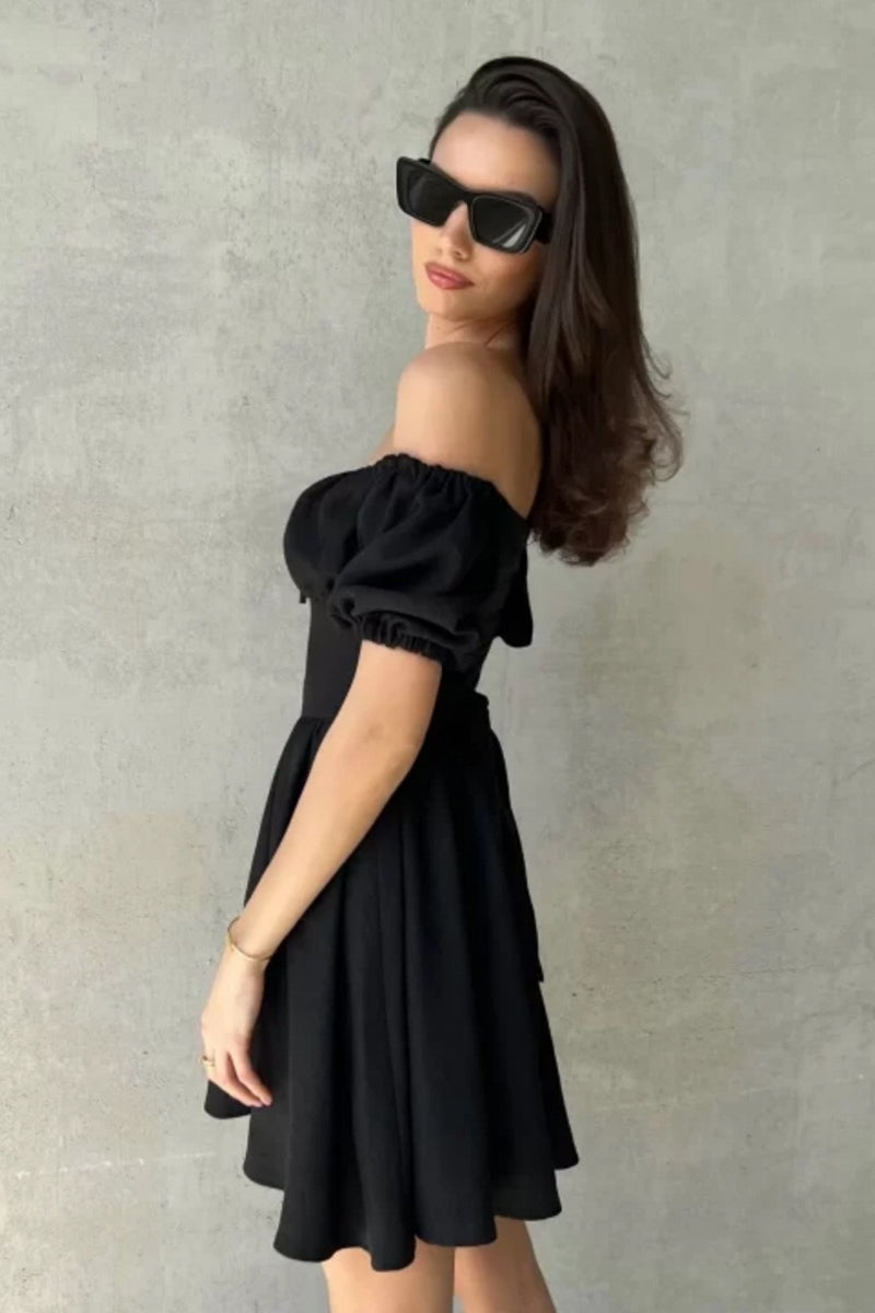 Off Shoulder Puff Sleeve Tie Mini Dress image 11