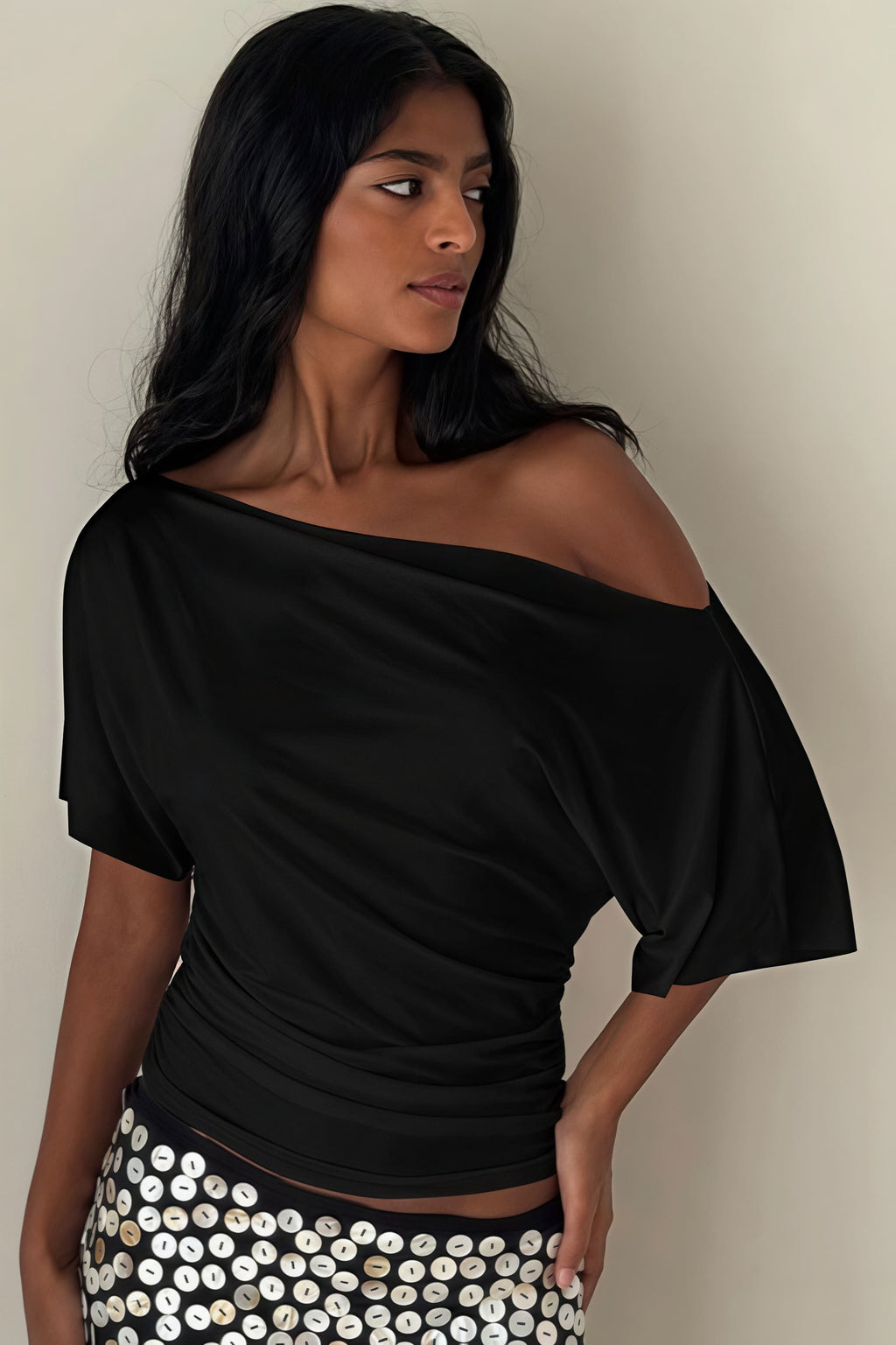 Chic Solid Off Shoulder Shirred Waist T-shirt image 12