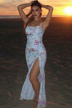 Ruched Split Spaghetti Strap Backless Floral Dress image 1