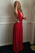 Chic Lace Trim Halter Neck Open Back A Line Maxi Dress image 3
