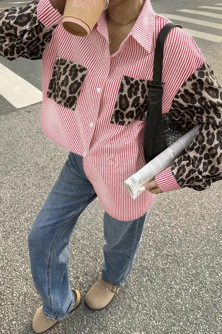 Stripe Leopard Patchwork Long Sleeve Casual Blouse image 2