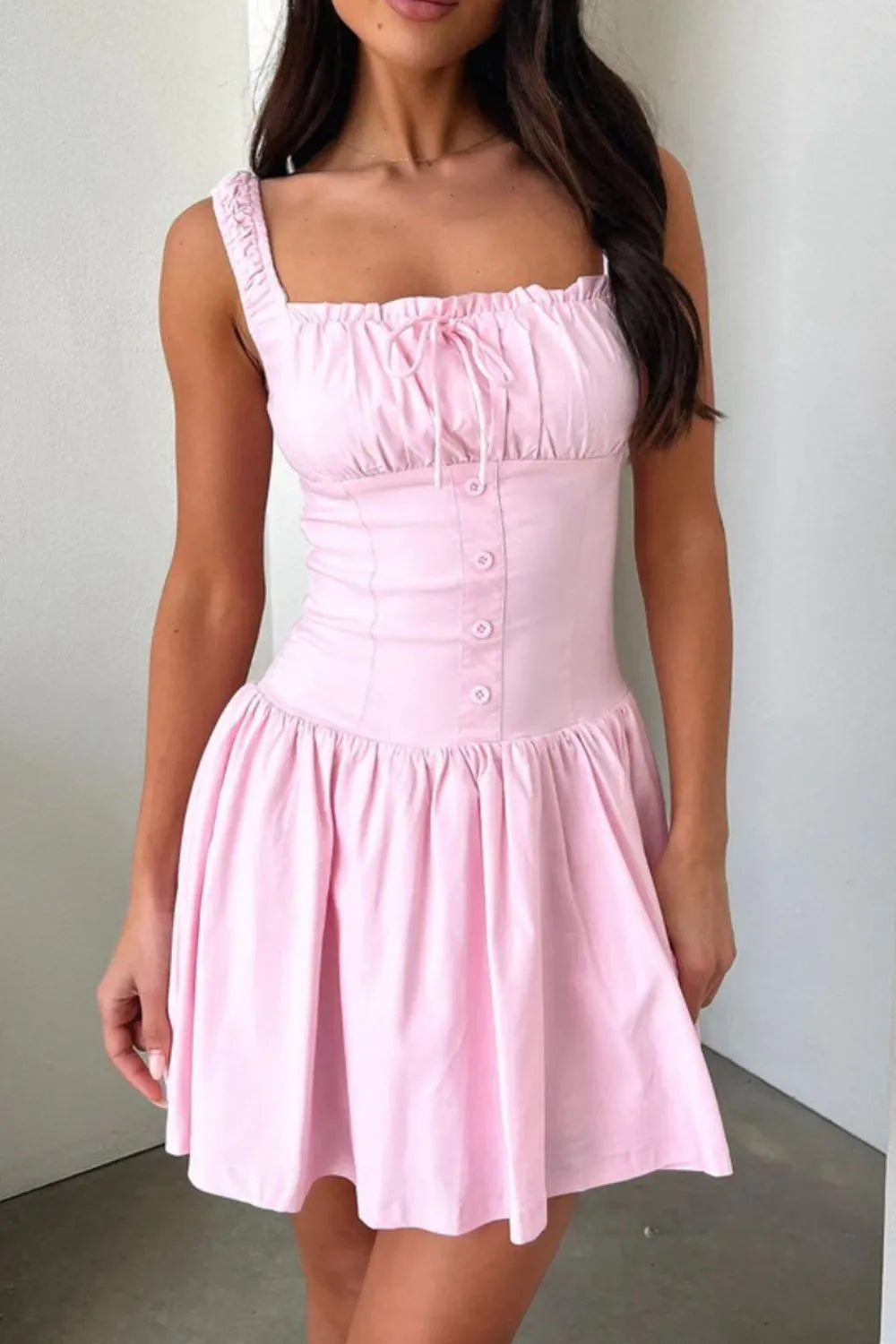 Allegra Button Cami Dress detail view styled for Avrienne