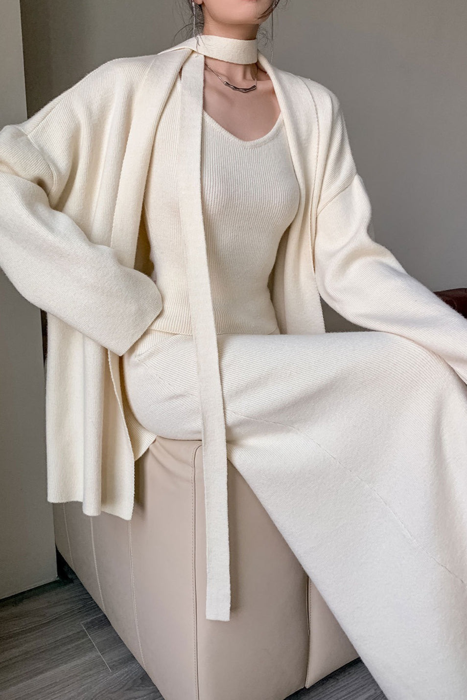 Ribbed High-End Knit Cardigan Tank Wide-Leg Pants Three Piece Set image 1