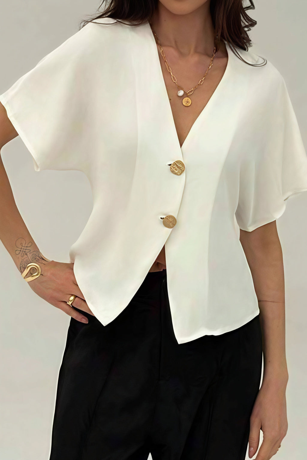 Irregular Button Open Front Short Sleeve Blouse image 3