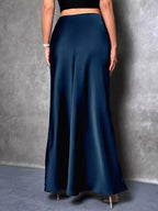 Arabella Satin Maxi Skirt detail view styled for Avrienne