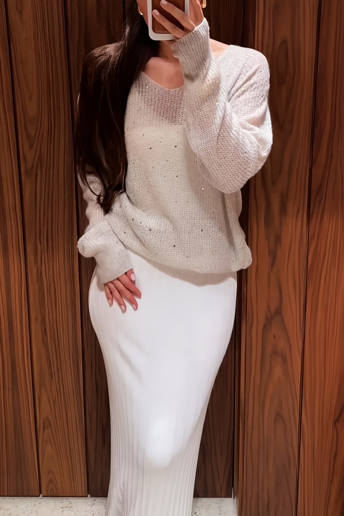 Rhinestone White V Neck Long Sleeve Knit Blouse image 3