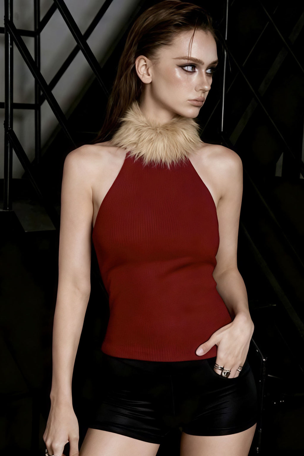 Patchwork Fleece Collar Sleeveless Slim Elegant Tank Top image 2