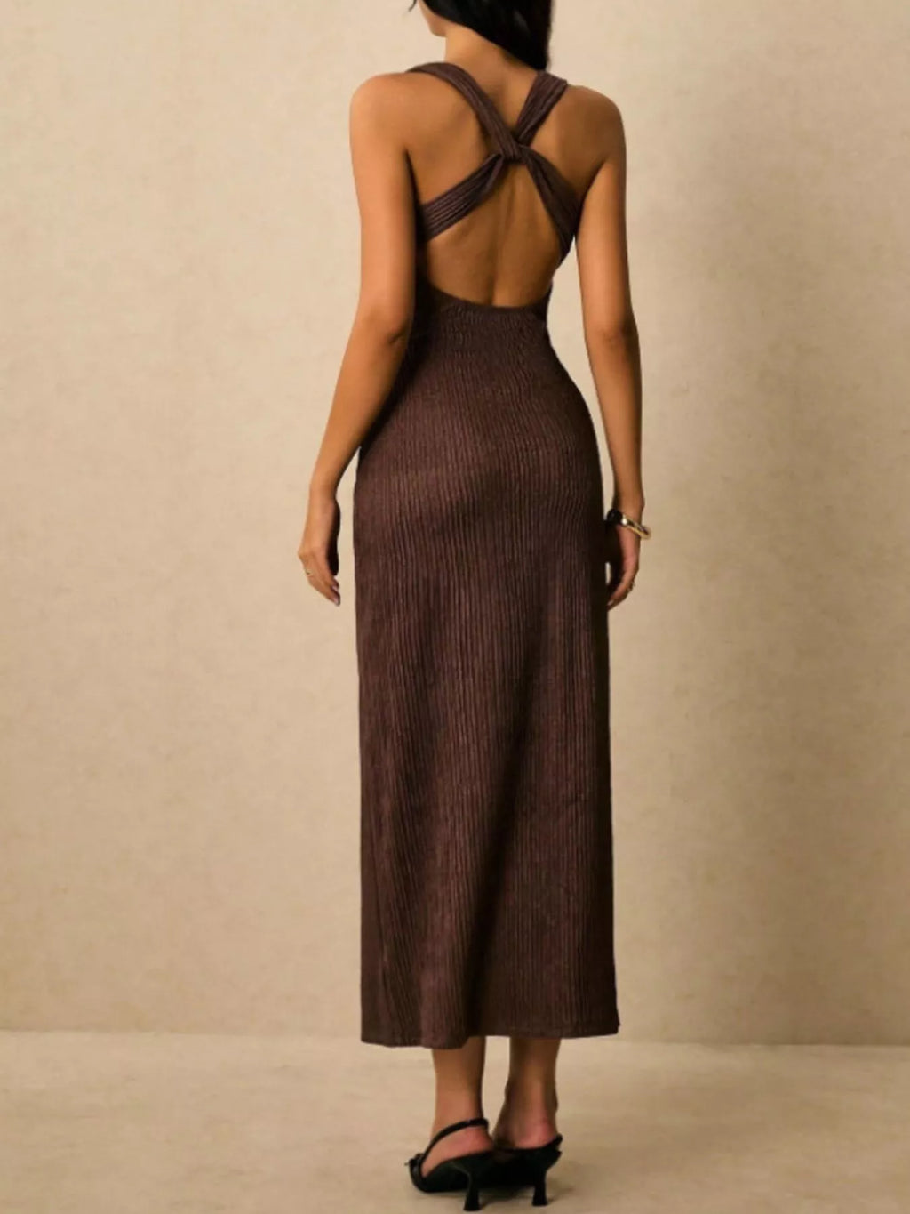 Solene Knit Midi Dress detail view styled for Avrienne