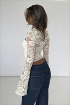 Sexy Lace Spliced Hollow Out Long Sleeve Tee image 3