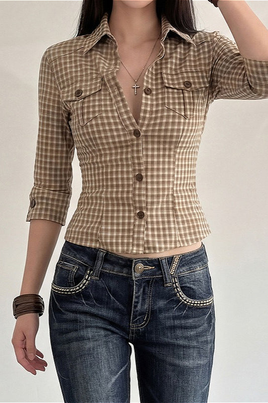 Plaid Waist Slim Five Quarter Sleeve Blouse image 3