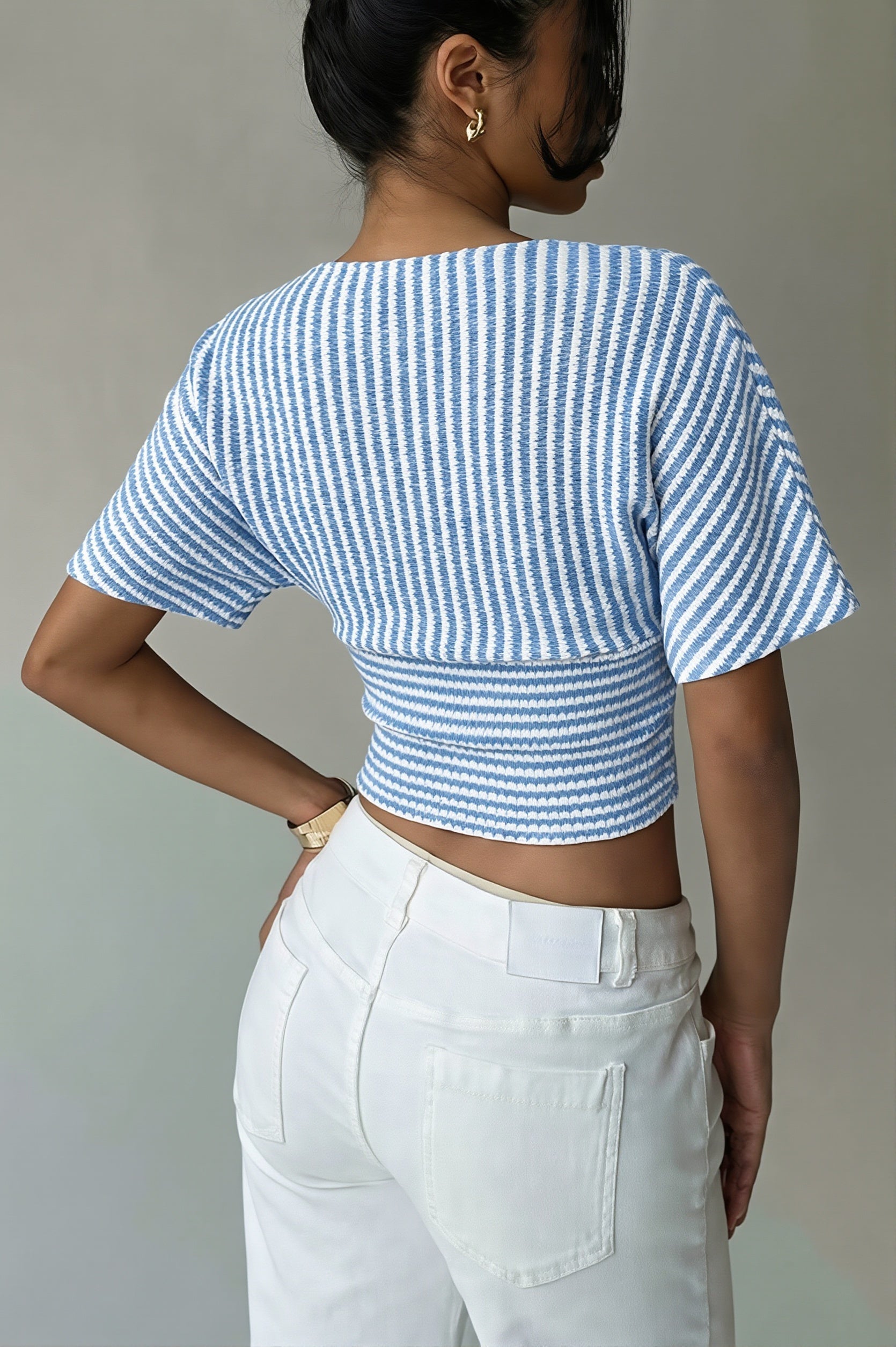 V Neck Striped Bat Sleeve T-shirt image 7