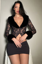 Sexy Fleece Patchwork Lace Long Sleeve Two Piece Set image 1