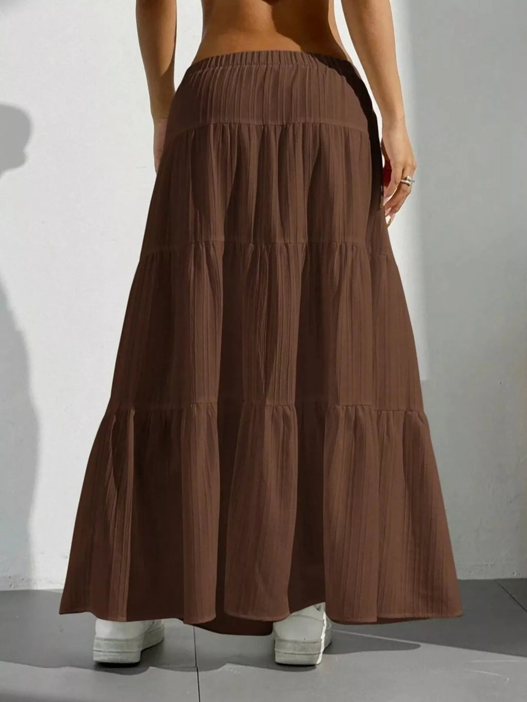 Capri Tiered Maxi Skirt detail view styled for Avrienne