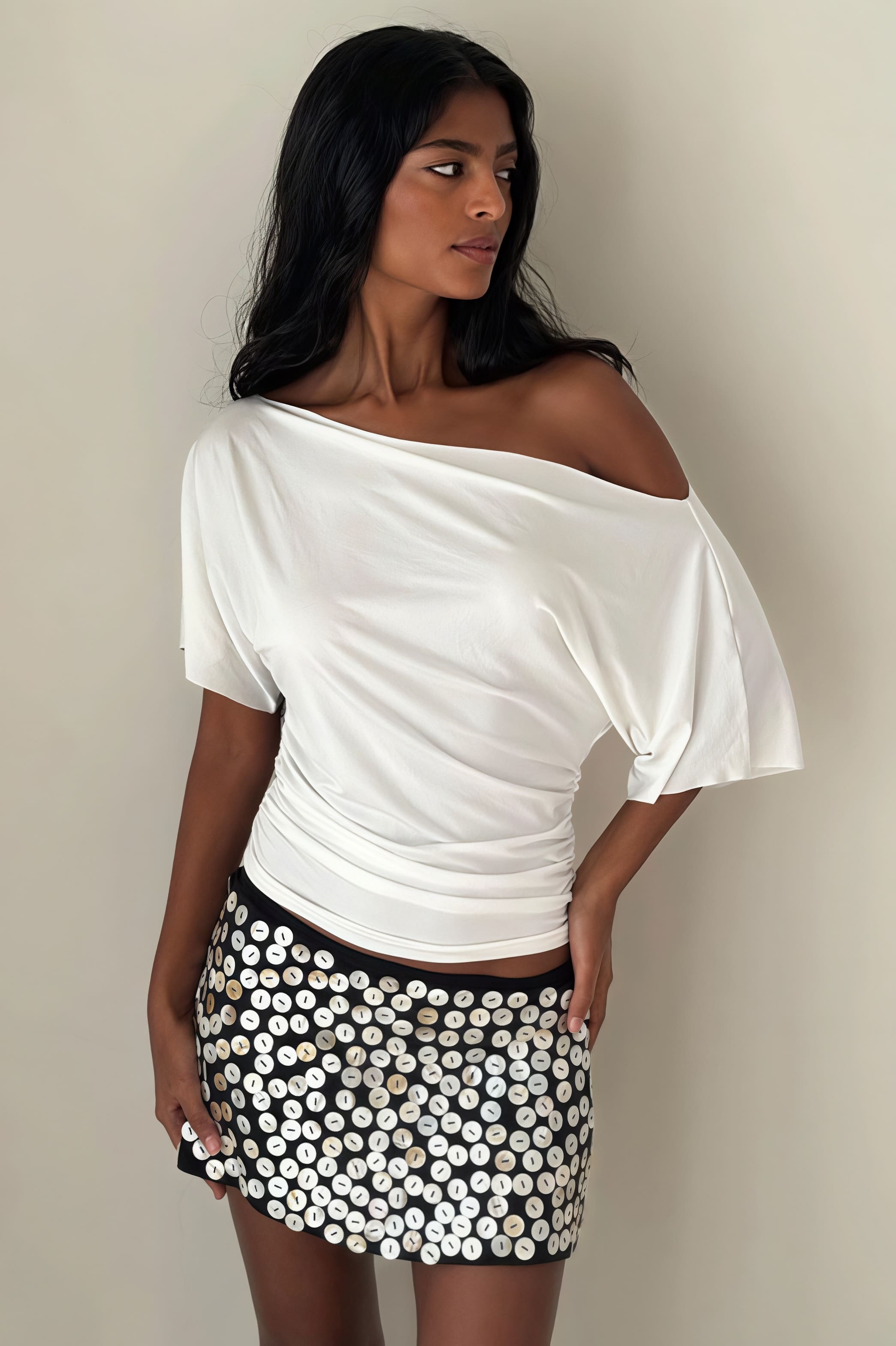 Chic Solid Off Shoulder Shirred Waist T-shirt image 1