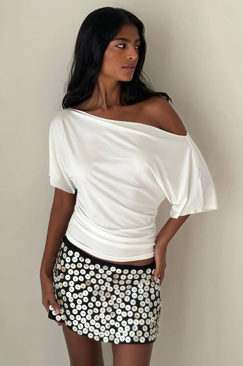 Chic Solid Off Shoulder Shirred Waist T-shirt image 1