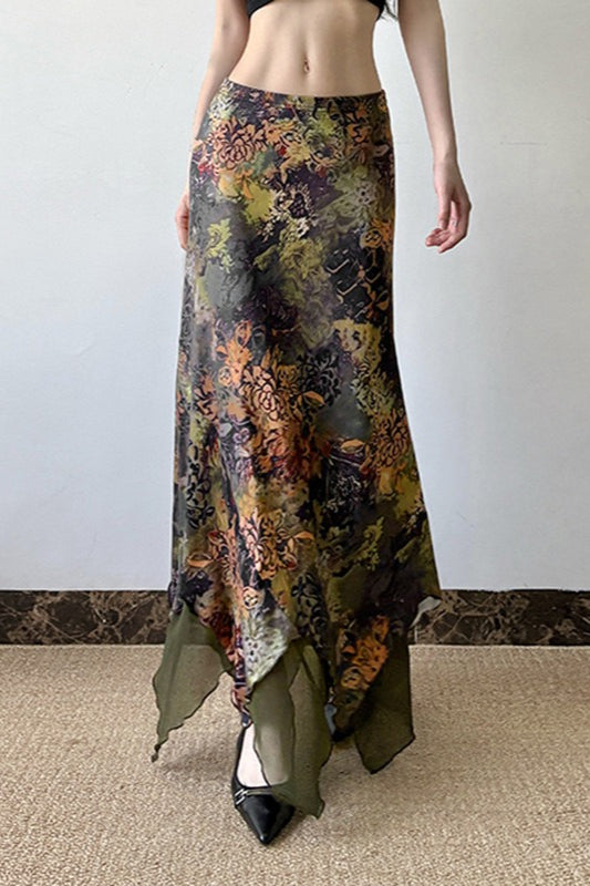 Botanical Print Mesh A-Line Maxi Skirt image 2