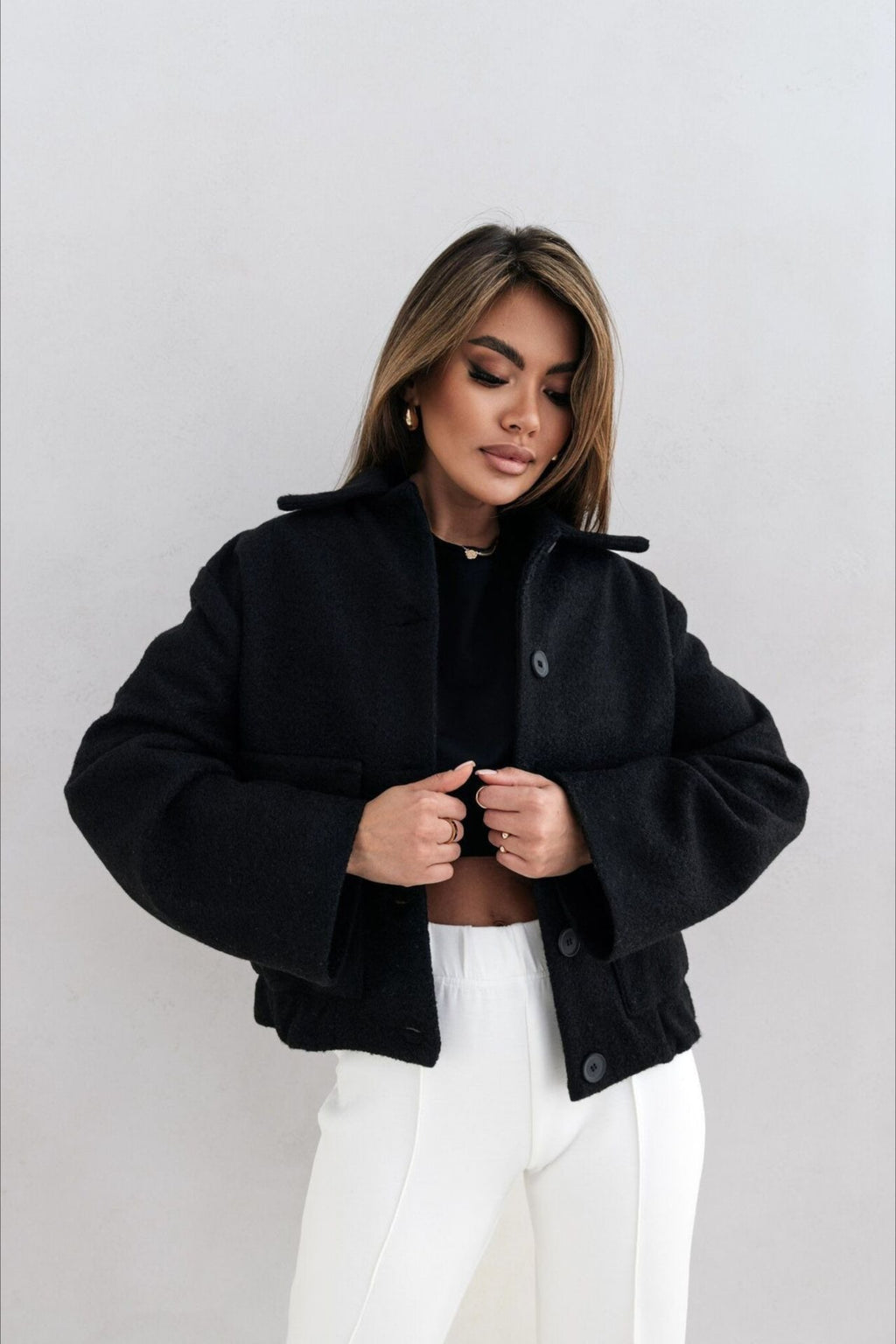 Trendy Solid Wool Pocket Elastic Snap Coat image 8
